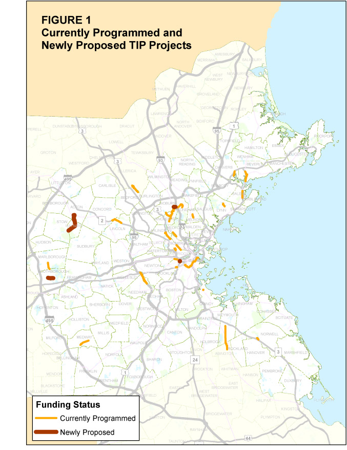 Alt text: Figure 1 is a map of the Boston Region MPO area. It indicates where the currently programmed and newly proposed TIP projects are located.