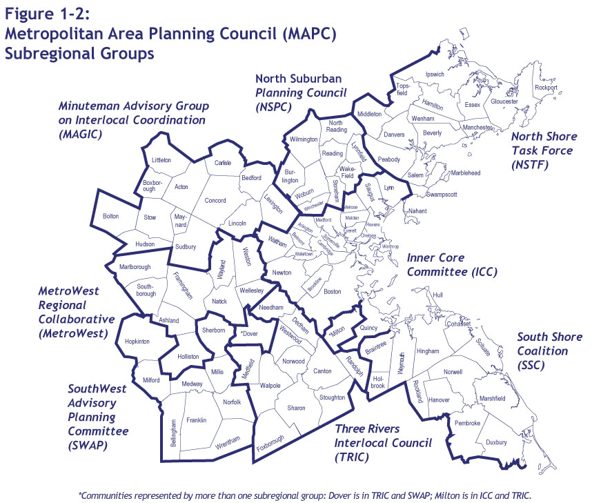 This map shows how the 101 municipalities in the Boston MPO region fall into eight MAPC subregions, which are represented by subregional groups. These subregional groups include the Inner Core Committee (ICC), the MetroWest Regional Collaborative (MetroWest), the Minuteman Advisory Group on Interlocal Coordination (MAGIC), the North Suburban Planning Council (NSPC), the North Shore Task Force (NSTF), the South Shore Coalition (SSC), the SouthWest Advisory Planning Committee (SWAP), and the Three Rivers Interlocal Council (TRIC). Two communities are represented by more than one subregional group; Dover is in TRIC and SWAP, and Milton is in ICC and TRIC.