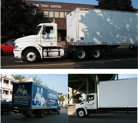 FIGURE 3. Box-type Trucks (Unrefrigerated): Semi-trailer and Single-unit Trucks
Figure 3 is a group of three photos of trucks. The largest photo shows a box-type semi-trailer being pulled by a tractor unit, and two smaller photos show two single-unit box trucks on study area streets.