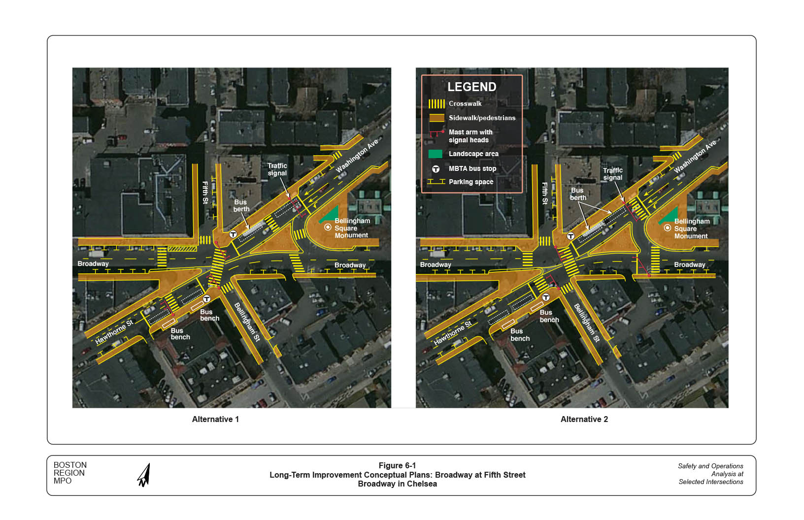 Figure 6-1 — Long-Term Improvement Conceptual Plans: Broadway at Fifth Street
Two separate maps, aerial views of study area with computer-drawn superimposed street and traffic maps, showing improvements under Alternatives 1 and 2, and indicating: crosswalk, mast arm with signal heads, sidewalk/pedestrians, landscape area, MBTA bus stop, and parking space.