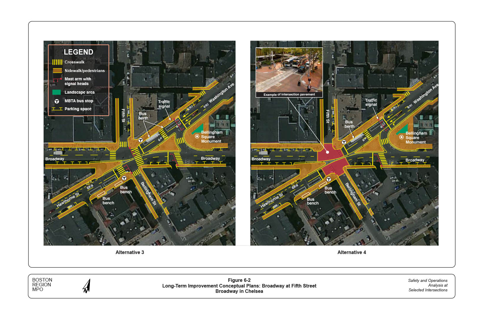 Figure 6-2 — Long-Term Improvement Conceptual Plans: Broadway at Fifth Street
Two separate maps, aerial views of study area with computer-drawn superimposed street and traffic maps, showing improvements under Alternatives 3 and 4, and indicating: crosswalk, mast arm with signal heads, sidewalk/pedestrians, landscape area, MBTA bus stop, and parking space.
