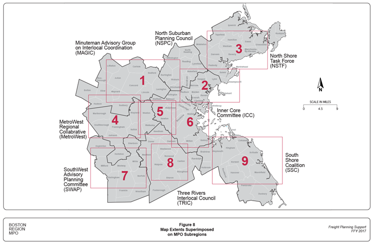 Map Extents Superimposed on MPO Subregions This figure is a map of the Boston MPO region showing its eight subregions. Nine numbered rectangles are superimposed on this map indicating the geographic extent of the nine maps included in this section.