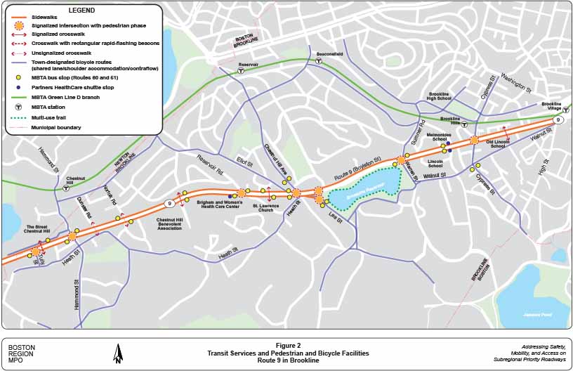 Figure 2. Transit Services and Pedestrian and Bicycle Facilities
This figure shows locations of all bus stops within the study area and indicates which routes they serve. It also shows the locations of sidewalks and major crosswalks and the town-designated bicycle routes.