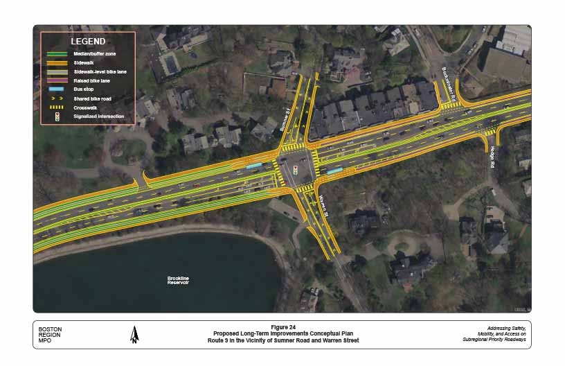 Figure 24. Proposed Long-Term Improvements Conceptual Plan: Route 9 in the Vicinity of Sumner Road and Warren Street
This figure shows a conceptual plan of the proposed long-term improvements in the vicinity of Route 9 at Sumner Road and Warren Street.