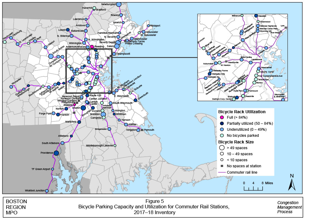 Figure 5 Bicycle Parking Capacity and Utilization for Commuter Rail Stations, 2017–18 Inventory
This is a full-page, color-coded map in landscape format of the park-and-ride lots in the study area. It cites the bicycle parking capacity and utilization for commuter rail stations from the 2017–18 inventory, according to bicycle rack utilization. Magenta represents full (more than 84 percent), dark blue represents partially utilized (50 percent to 84 percent), light blue represents underutilized (0 percent to 49 percent), and light green represents no bicycles parked. The map key also includes bicycle rack size where large clear bullet equals more than 49 spaces, medium clear bullet equals 10 to 49 spaces, and small clear bullet equals less than 10 spaces. Other map keys are: a gray shaded square bullet represents no spaces at station, and a magenta line represents the commuter rail line.