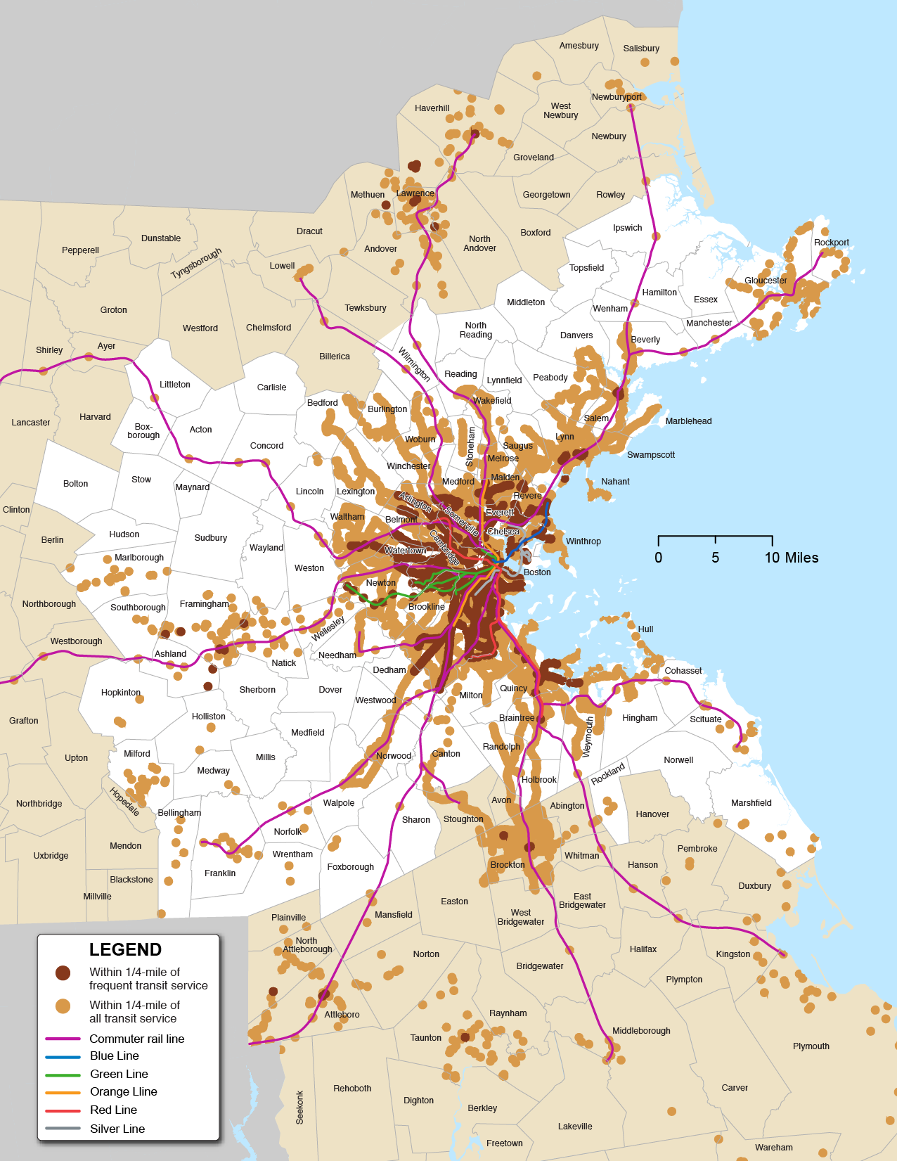 Figure 6-11 is a map of the Boston Region with MBTA Commuter Rail and Rapid Transit Lines. Figure 6-11 highlights areas within ¼ mile of frequent transit service and within ¼ mile of all-transit service in different shades.