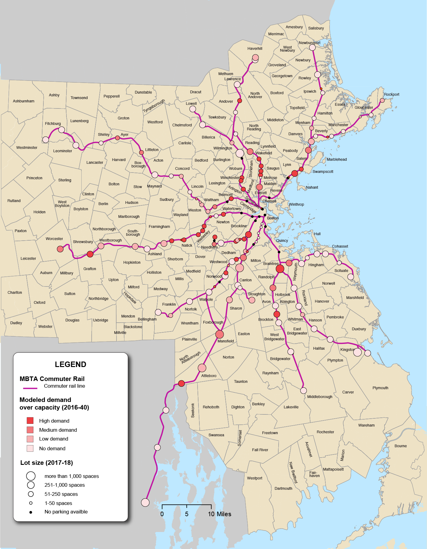 Figure 6-13 is a map of the Boston Region with MBTA Commuter Rail Lines. Figure 6-13 also shows points reflecting the Modeled Demand Over Capacity and Parking Lot Size together.