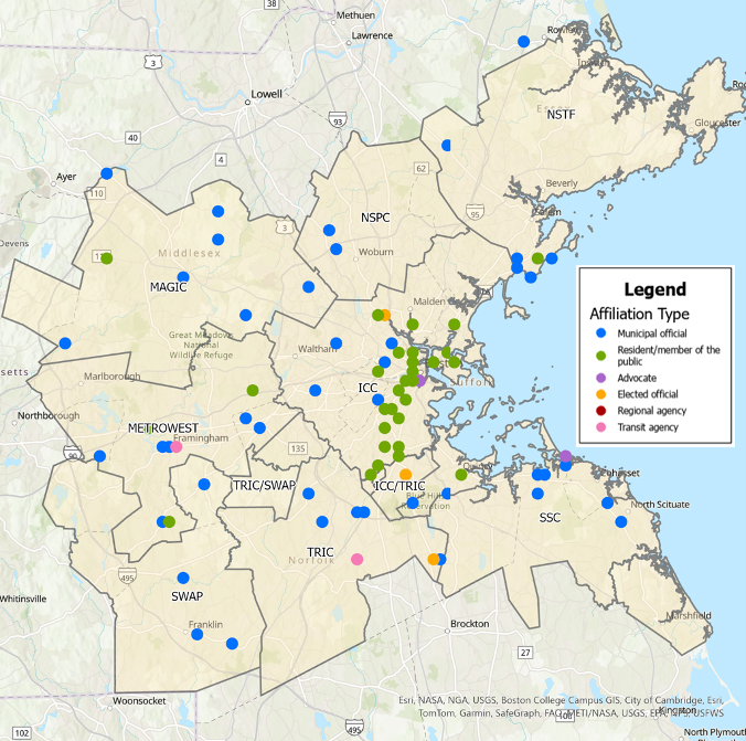 Figure 11 is a map depicting the geographic distribution of public comments received in FFY 2024 and the commenters’ affiliations. Staff received comments from municipal stakeholders across every subregion, while comments from members of the public were concentrated in the inner core and at locations where staff attended in-person events. 