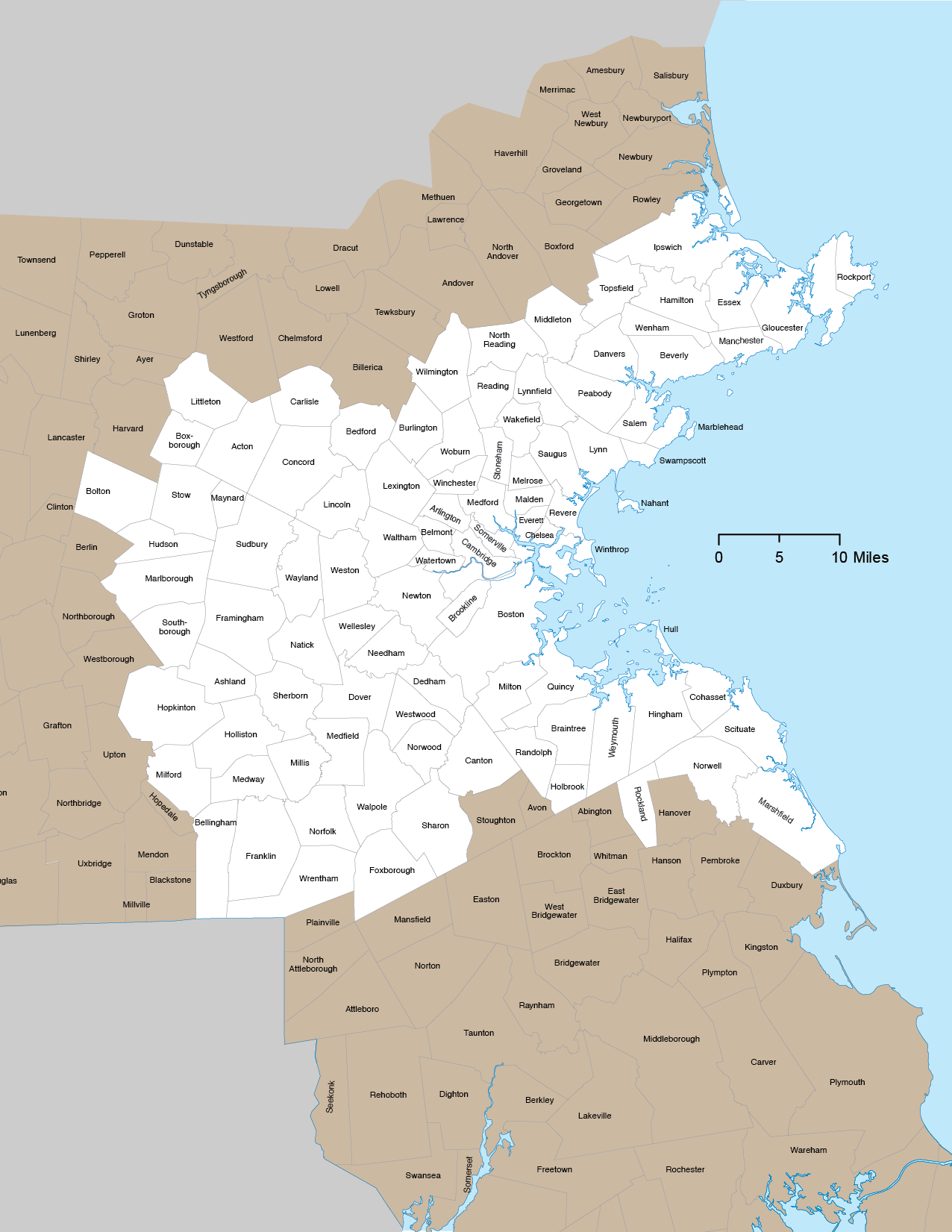 Figure 1-1 is a map that shows the physical reach of the Boston Region MPO area. It indicates that the MPO’s jurisdiction extends from Boston north to Ipswich, south to Marshfield, and west to Interstate 495. The map shows the 97 cities and towns that make up the MPO area.