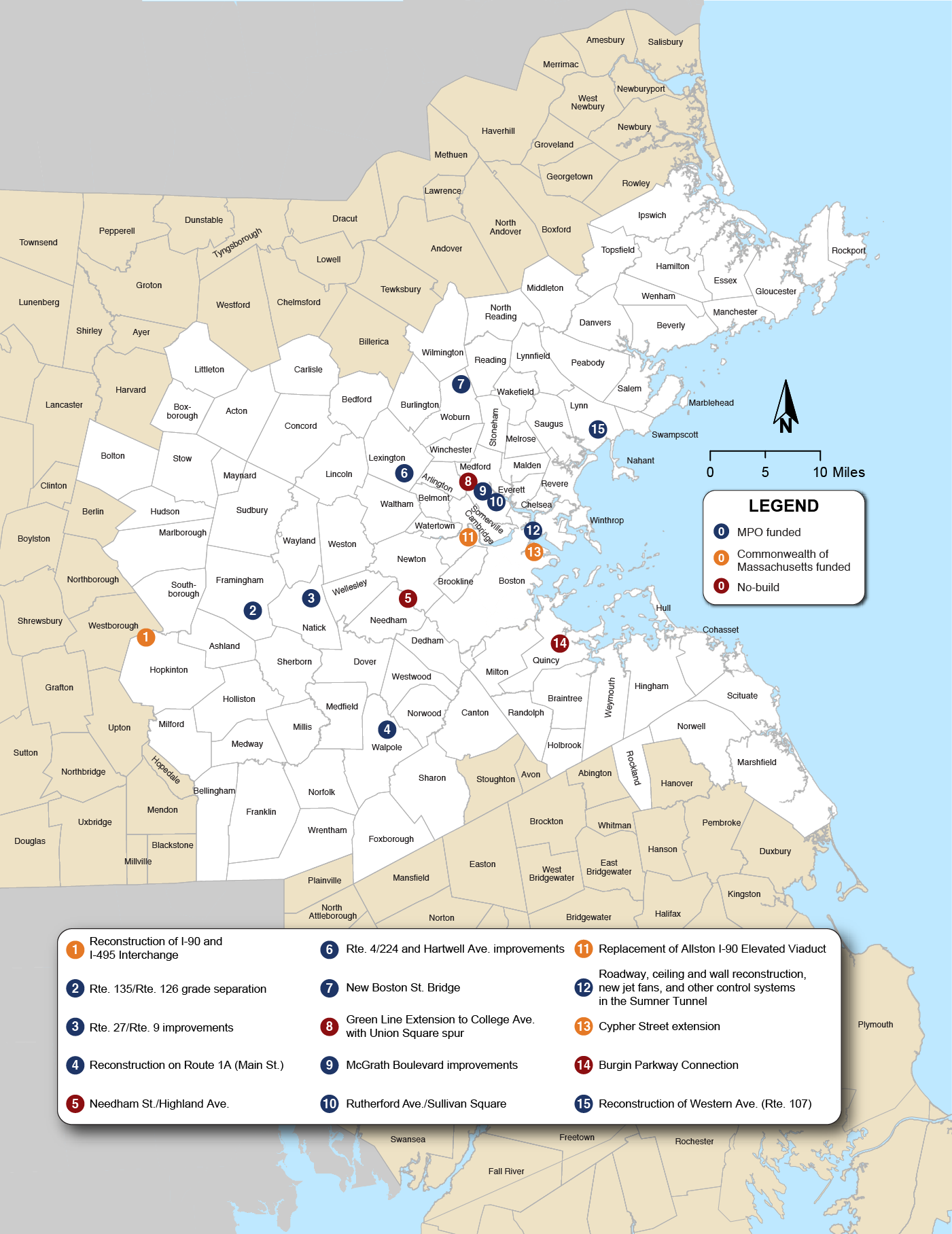 Figure 4-1. Major Infrastructure Projects in the Recommended Plan
Figure 4-1 is a map of the Boston Region that shows the location and name of 15 major infrastructure projects. Figure 4-1 also shows whether the project is MPO funded, Commonwealth of Massachusetts funded, or a No-build project.