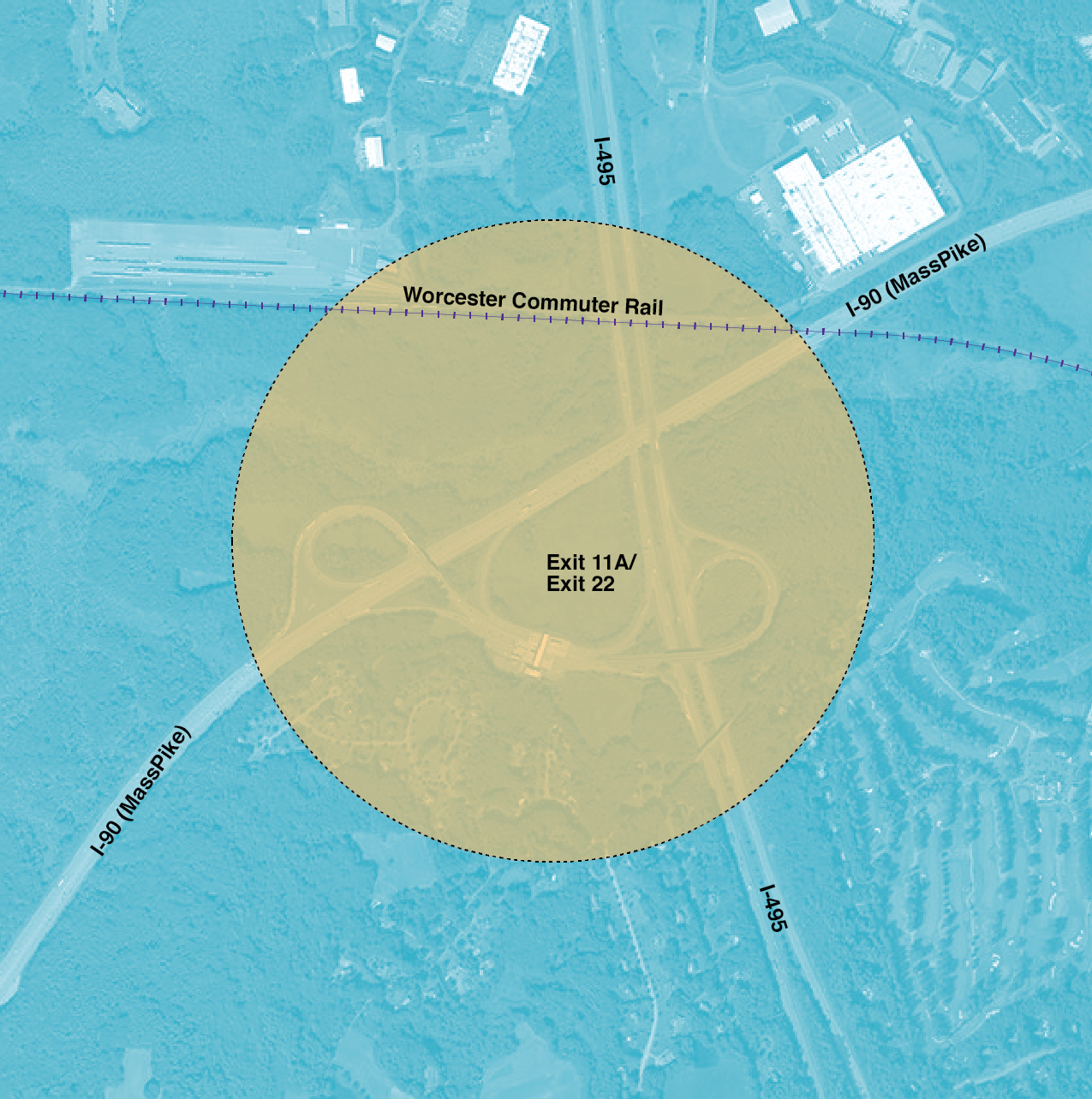 Figure 4-13. Reconstruction of Interstate 90 and Interstate 495 Interchange Project Area
Figure 4-13 is a map of the the Worcester commuter rail line, Interstate 90, Interstate 495, and Exit 11A/Exit 22.
