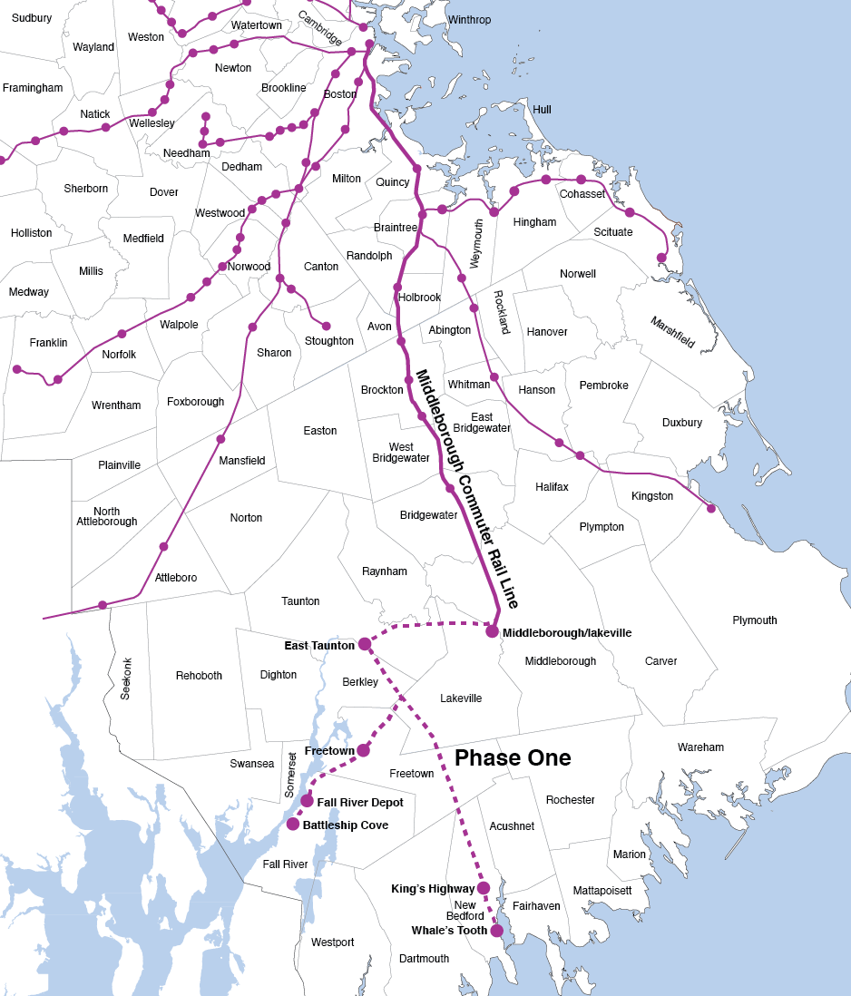 Figure 4-15. South Coast Rail Project Area
Figure 4-15 is a map of the existing MBTA Commuter Rail system in the southern part of the Boston Region MPO area and the proposed Phase One of the South Coast Rail to Taunton, Fall River, and New Bedford.