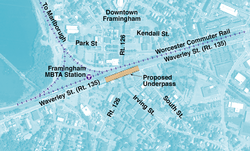 Figure 4-4. Route 126/Route 135 Grade Separation Project Area
Figure 4-4 is a map of the Proposed Underpass on Route 126, Waverly Street (Route 135), the Framingham MBTA Station, the Worcester Commuter Rail, Park Street, Kendall Street, Irving Street, South Street and Downtown Framingham.