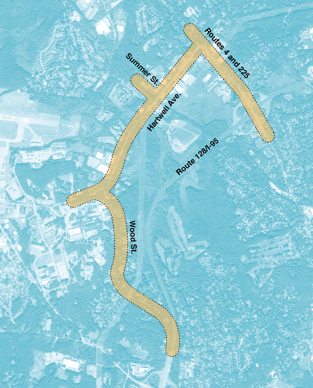 Figure 4-5. Routes 4/225 (Bedford Street) and Hartwell Avenue Project Area
Figure 4-5 is a map of Routes 4 and 225, Hartwell Avenue, Summer Street, Route 128/Interstate 95, and Wood Street.