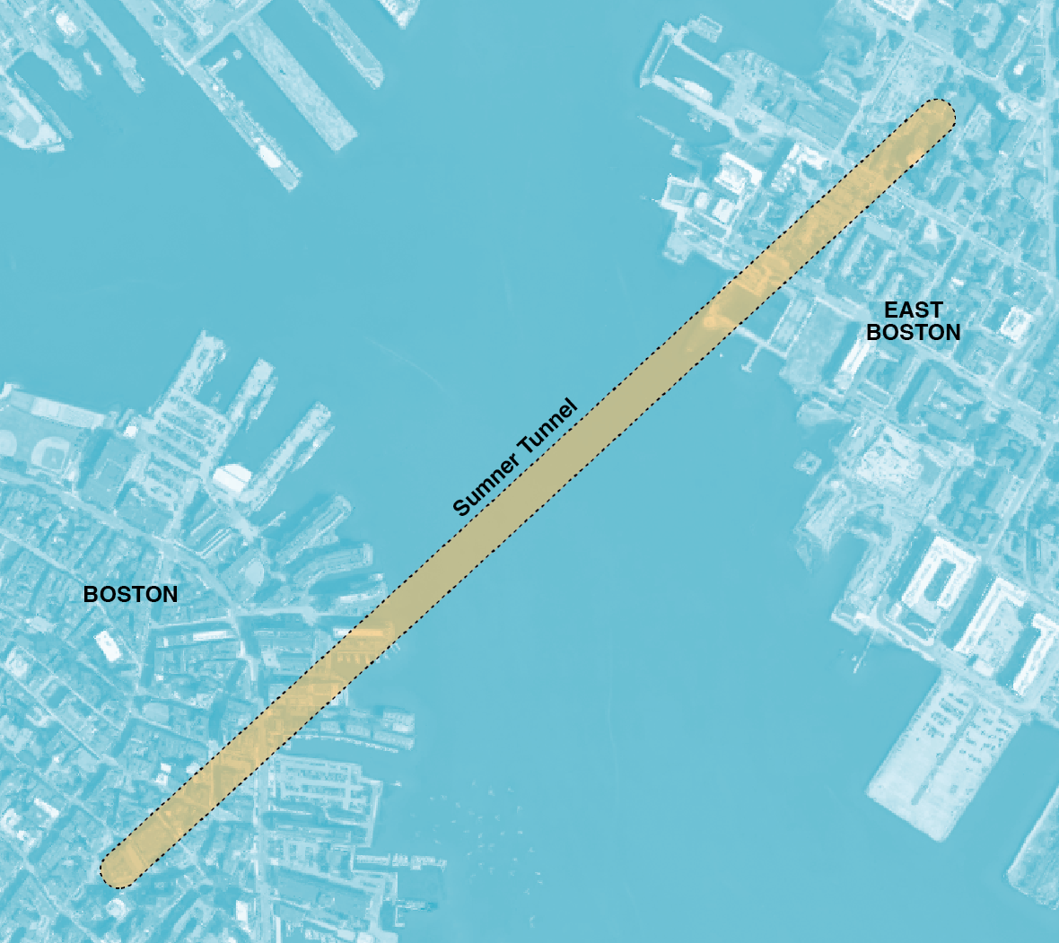 Figure 4-3. Roadway, Ceiling and Wall Reconstruction, New Jet Fans, and Other Control Systems in Sumner Tunnel Project Area
Figure 4-3 is a map of Sumner Tunnel and the surrounding Boston and East Boston landscape.