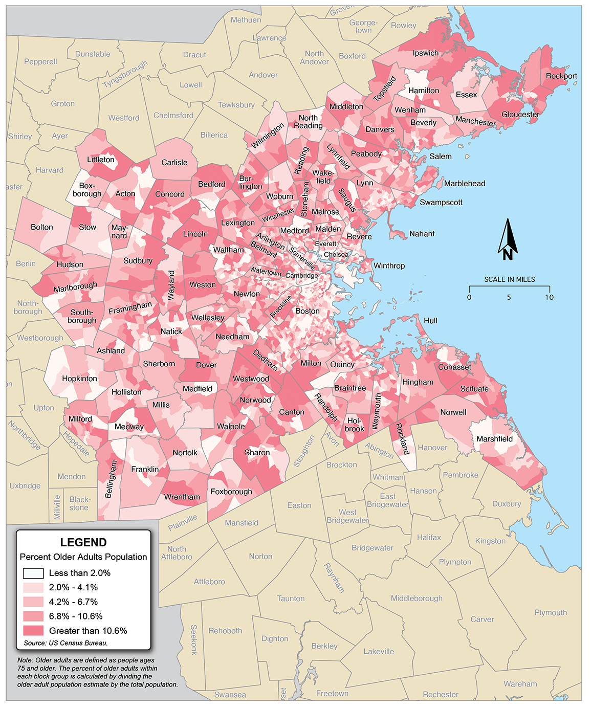 Figure 6-6 is a map showing the percent of the population that is age 75 or older in each block group across the 97 communities in the Boston region. Figure 6-6 is a map showing the percent of the population that is age 75 or older in each block group across the 97 communities in the Boston region.