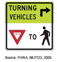 This figure is a picture of the sign that would indicate to drivers who are planning to turn right that they must yield to pedestrians.