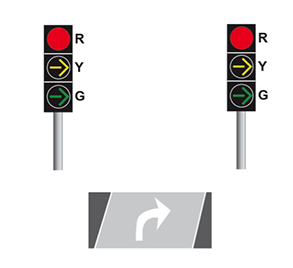 Figure 10 is a picture of two traffic signals that indicate to a driver when a right turn may be made.