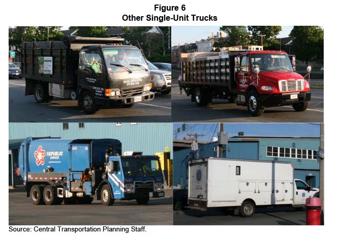 FIGURE 6. Other Single-unit Trucks
Figure 6 is a group of four photos of single-unit trucks. The first photo shows a small dump truck belonging to a landscape contractor. The second photo is a flatbed truck carrying several large pieces of equipment. The third photo is a three-axle truck that carries refuse. The last truck is a specially configured box-type truck that carries parts and tools to contractors’ worksites.