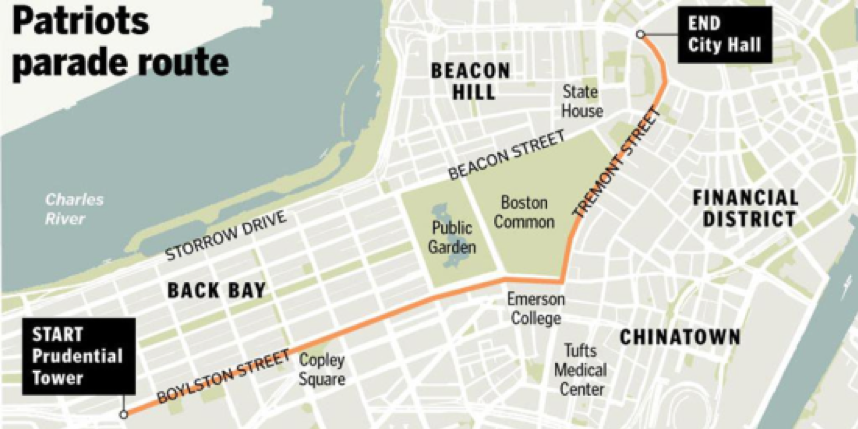 Figure 14 shows the Patriots Super Bowl parade route. The parade route is indicated by an orange line.