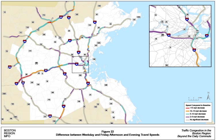 Figure 22 is a map showing the change in travel speeds on Friday afternoons and evenings versus typical weekday speeds (baseline). Locations that experienced a travel speed decrease of more than 15 miles per hour are indicated by a red line. Locations that experienced a travel speed decrease of between 10 miles per hour and 15 miles per hour are indicated by an orange line. Locations that experienced a travel speed decrease of between five miles per hour and 10 miles per hour are indicated by a blue line. Locations that experienced a travel speed decrease of between two miles per hour and five miles per hour are indicated by a purple line. Locations that experienced no significant travel speed decrease are indicated by a grey line.
