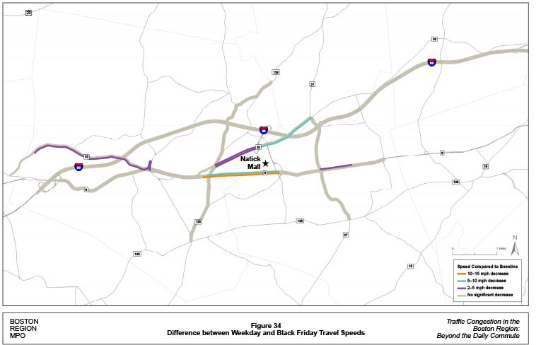Figure 34 is a map showing the change in travel speeds on Black Friday versus typical weekday speeds (baseline). Locations that experienced a travel speed decrease of between 10 miles per hour and 15 miles per hour are indicated by an orange line. Locations that experienced a travel speed decrease of between five miles per hour and 10 miles per hour are indicated by a blue line. Locations that experienced a travel speed decrease of between two miles per hour and five miles per hour are indicated by a purple line. Locations that experienced no significant travel speed decrease are indicated by a grey line.