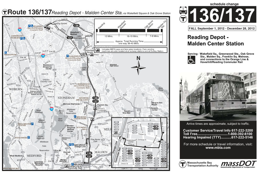 This page is the MBTA map of bus Route 136 and 137, between Reading Depot and Malden Center Station.