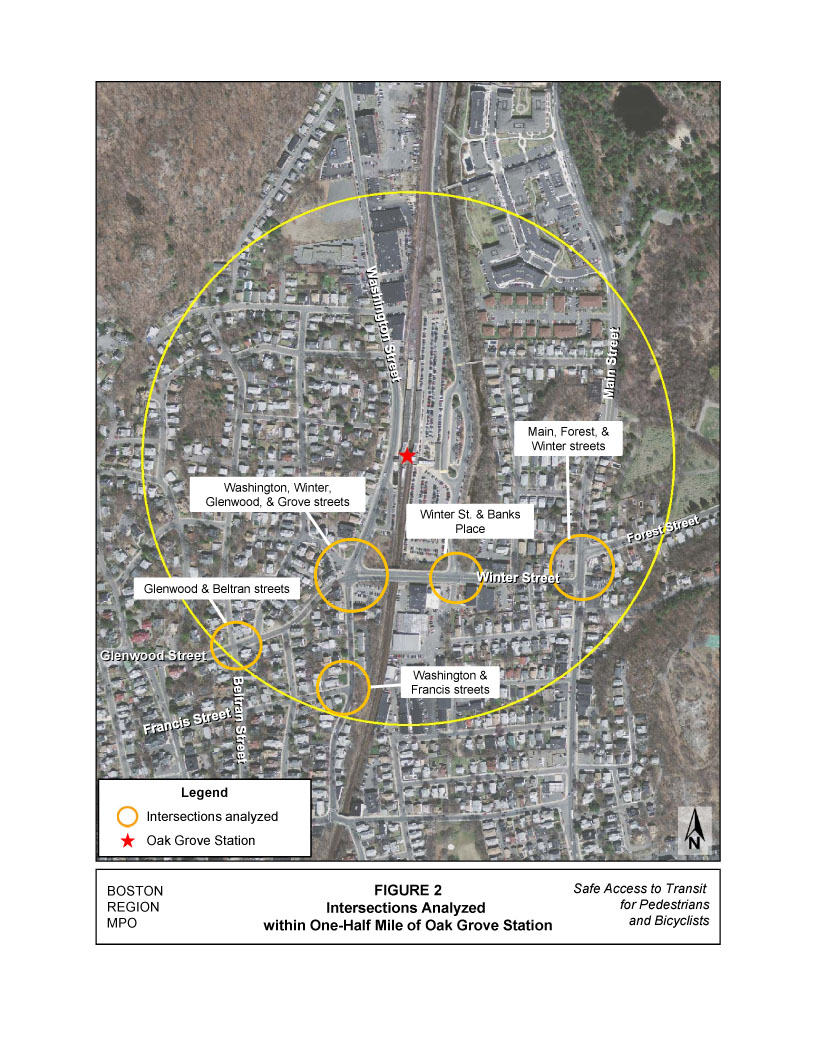 Figure 2 is an aerial photo that shows the locations of the intersections located within one-half mile of Oak Grove Station that were analyzed for this study.