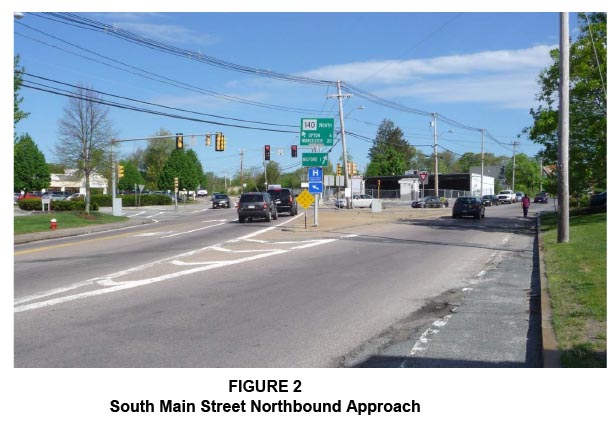 Figure 2 is a photograph that shows the northbound approach of South Main Street, in Milford.