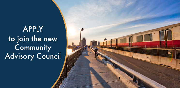 Image of a Red line train going over a bridge at dusk with a cyclist riding past. Text to the left says "apply to join the new community advisory council."