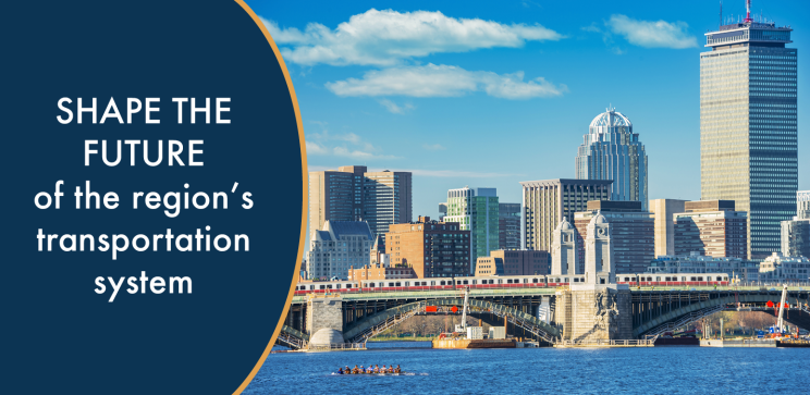 Image of a red line train going over the bridge with text that says "Shape the future of the region's transportation system."