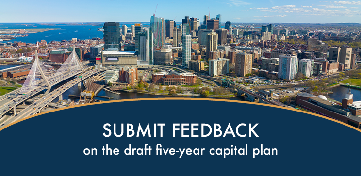 Image of the Boston skyline with text that says "submit feedback on the draft five year capital plan"