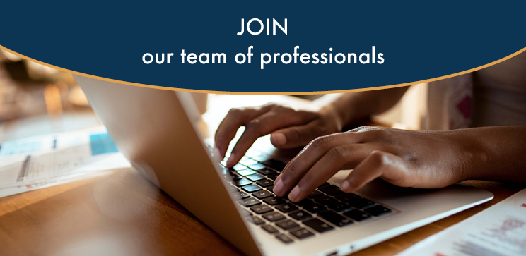 Image of a person typing on a computer with text that says "join our team of professionals"